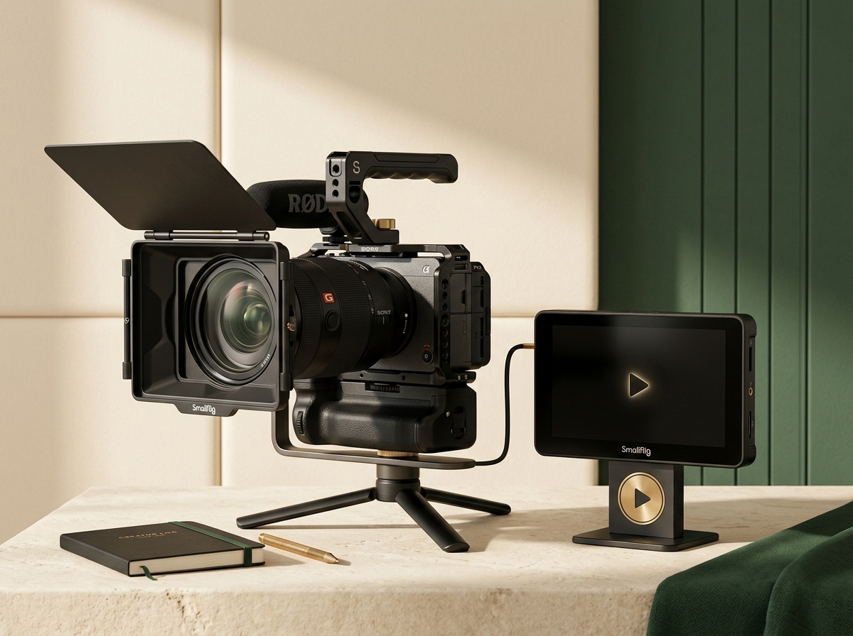 Professional creator video production setup featuring a high-end mirrorless camera and monitor